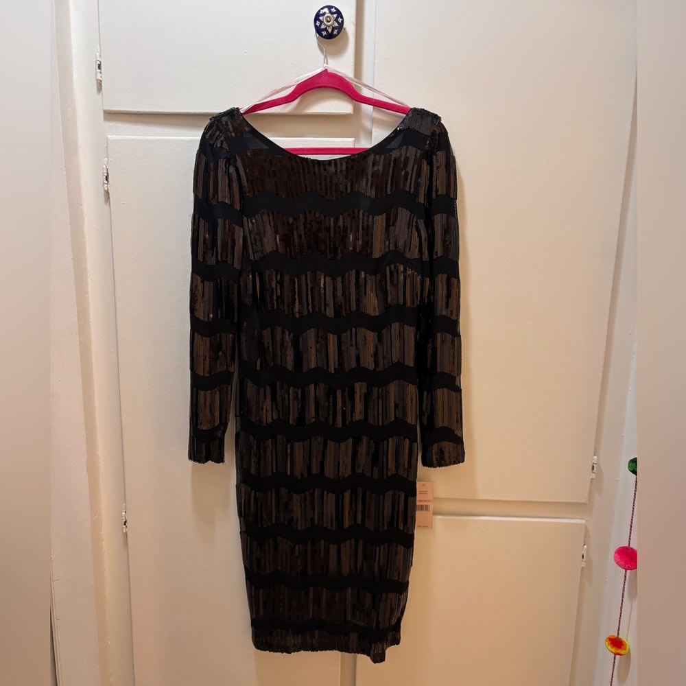 Nanette Lepore Black Sequin Wave Long Sleeve Dress